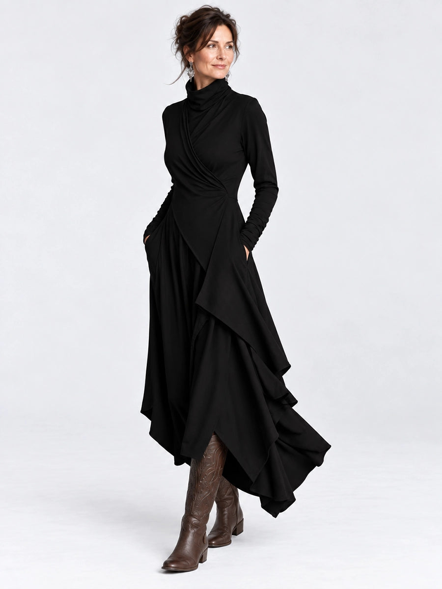 Women's Asymmetric Draped High-Neck Maxi Dress