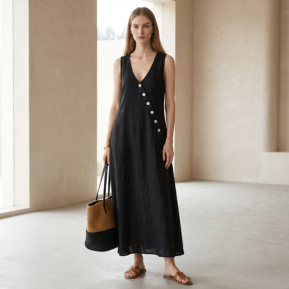 Oblique Button Sleeveless Dress