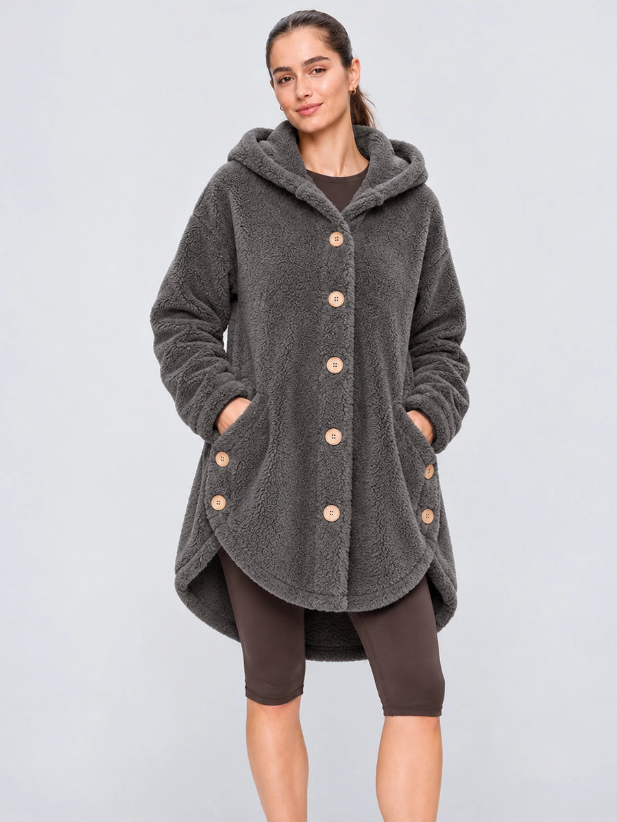 Women’s Asymmetric-Button Plush-Look Hooded Coat