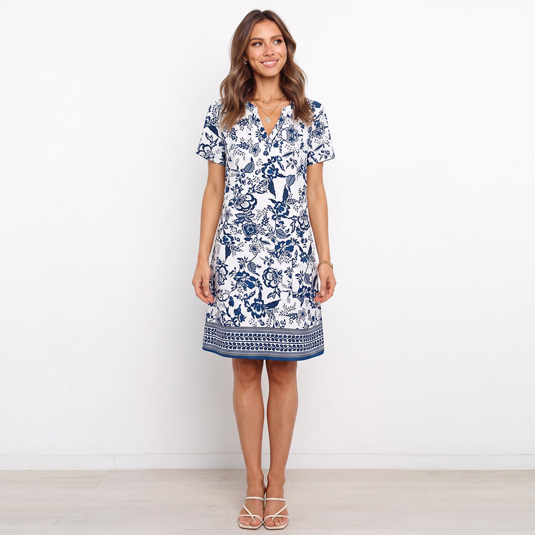 V-Neck Milk Silk Floral Print Dress For Beach Resort
