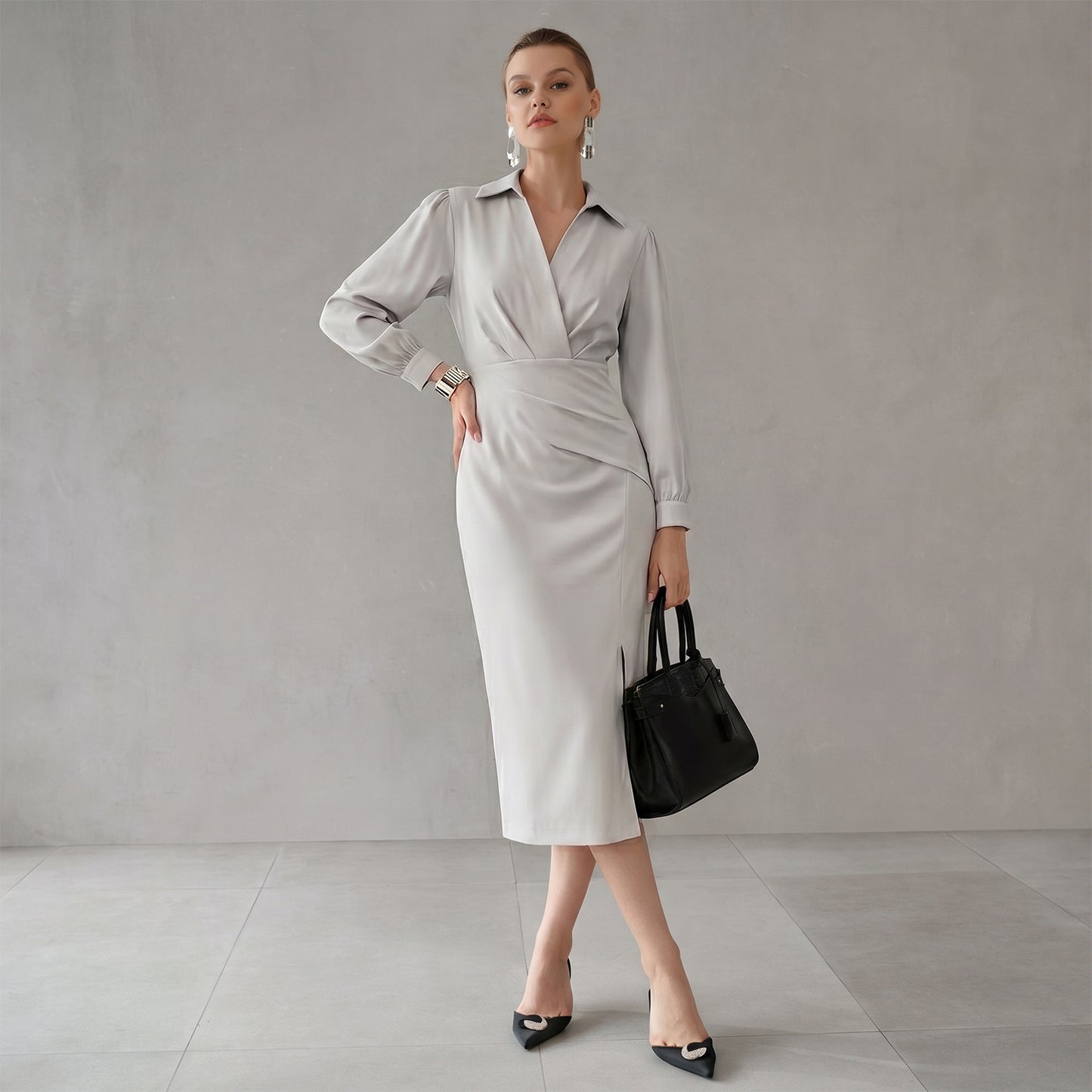 Ruched Midi Shirt Dress With Side Slit