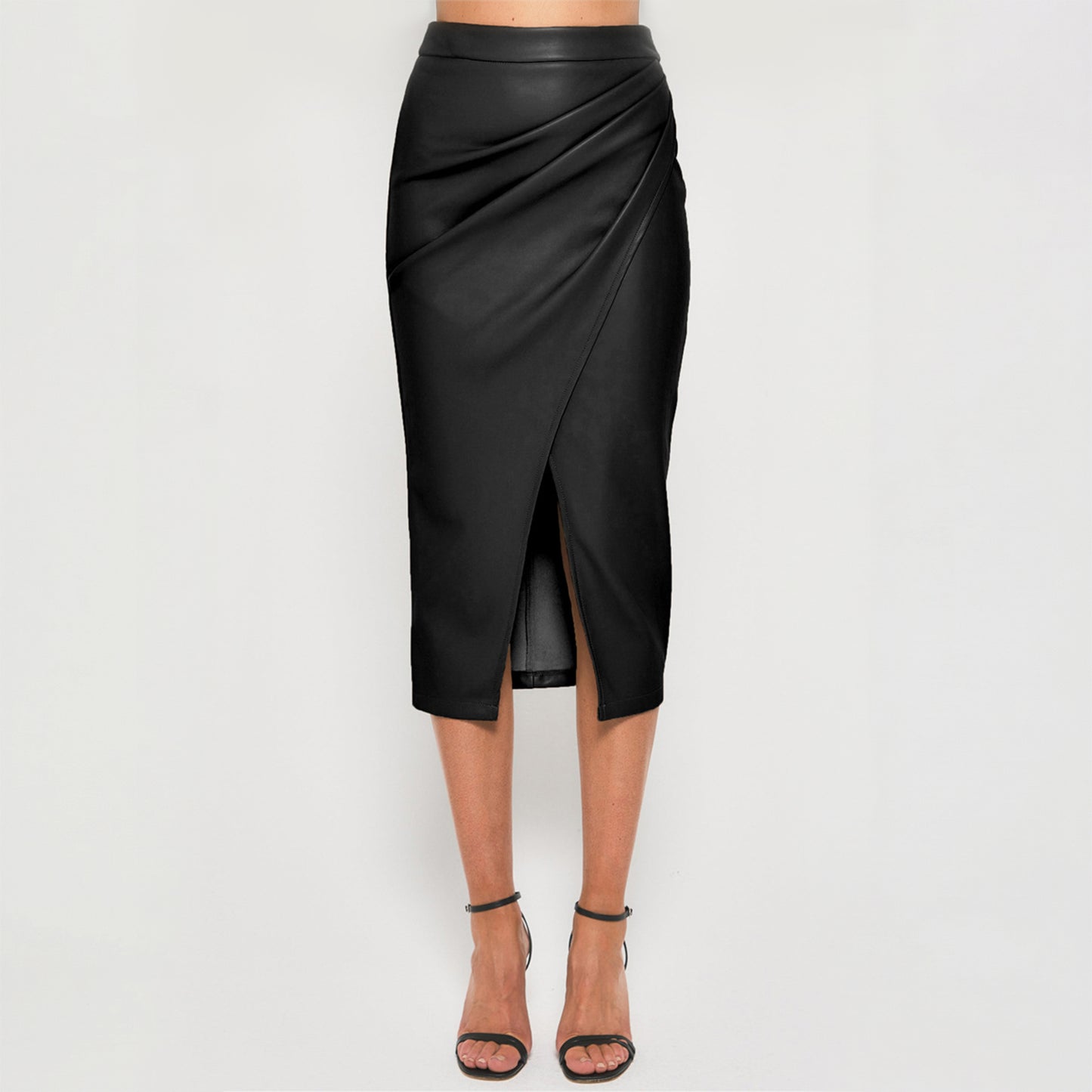 Pleated Split PU Leather Skirt