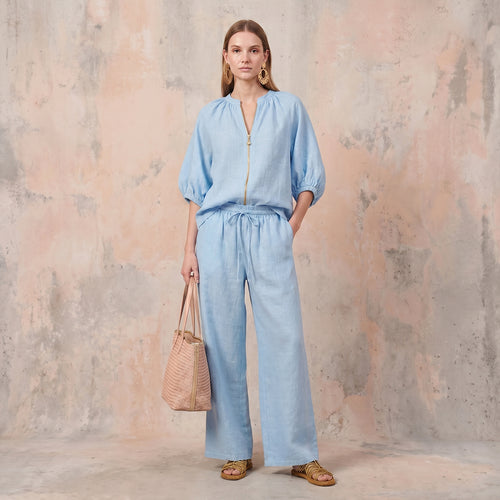 Linen Cotton Zipper Shirt & Wide-Leg Pants Set
