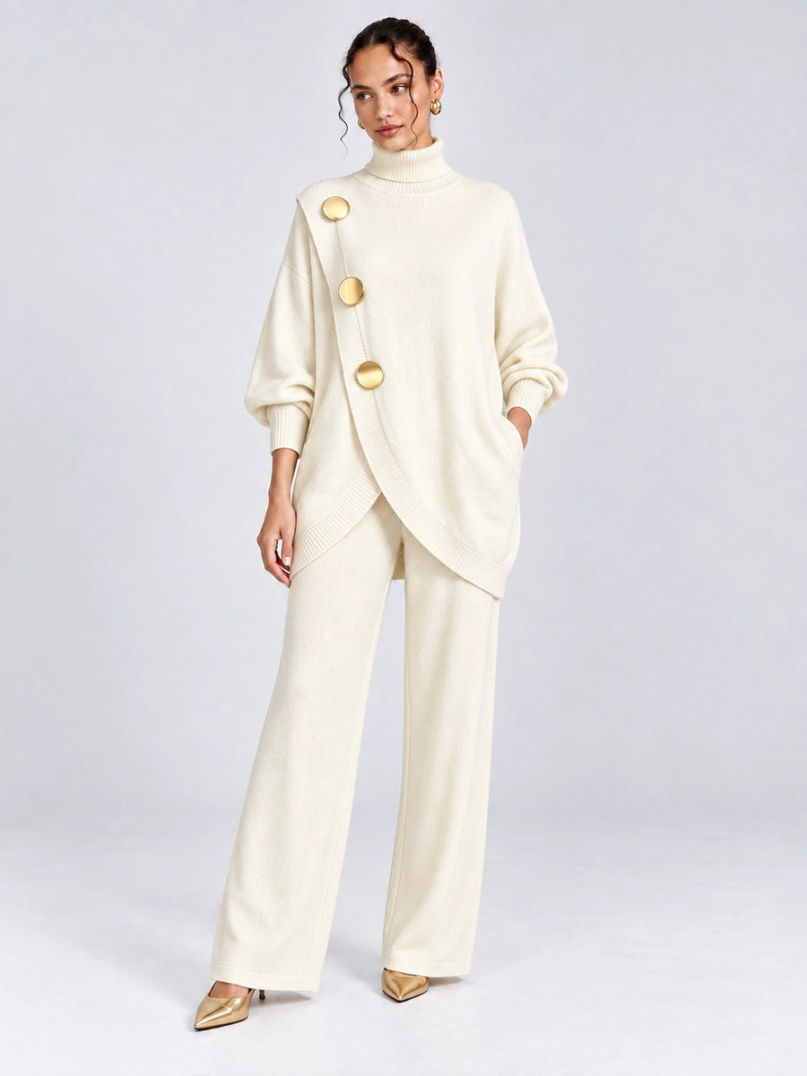 Women's Asymmetrical Button Knit Top and Pants Set