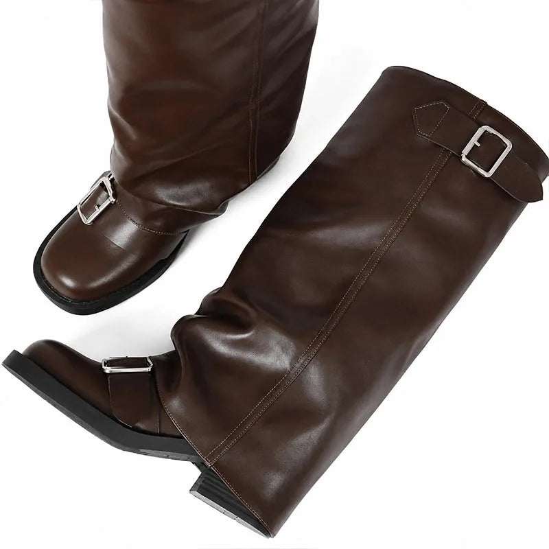 Women’s Round-Toe Buckle Knee-High Rider Boots