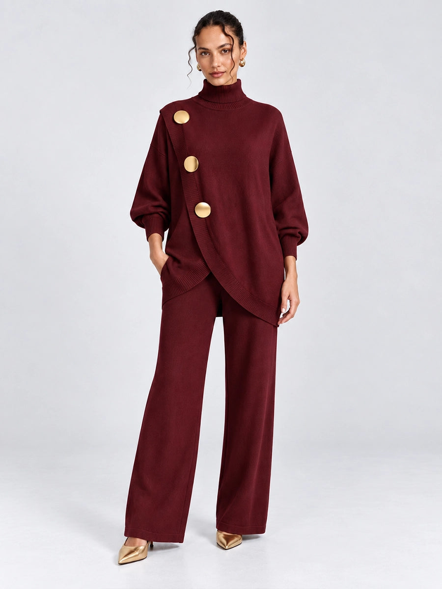 Women's Asymmetrical Button Knit Top and Pants Set