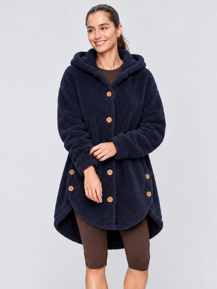 Women’s Asymmetric-Button Plush-Look Hooded Coat