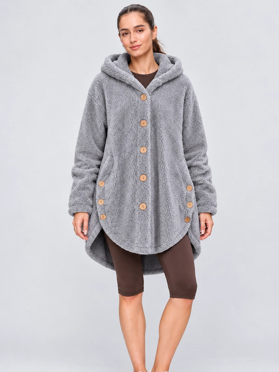 Women’s Asymmetric-Button Plush-Look Hooded Coat