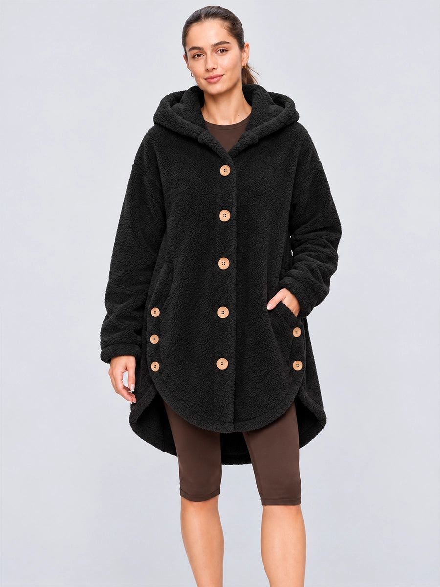Women’s Asymmetric-Button Plush-Look Hooded Coat