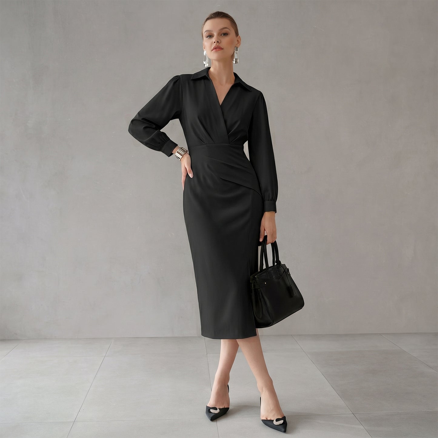 Ruched Midi Shirt Dress With Side Slit