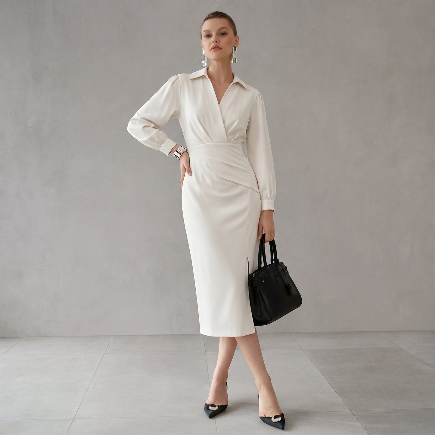 Ruched Midi Shirt Dress With Side Slit