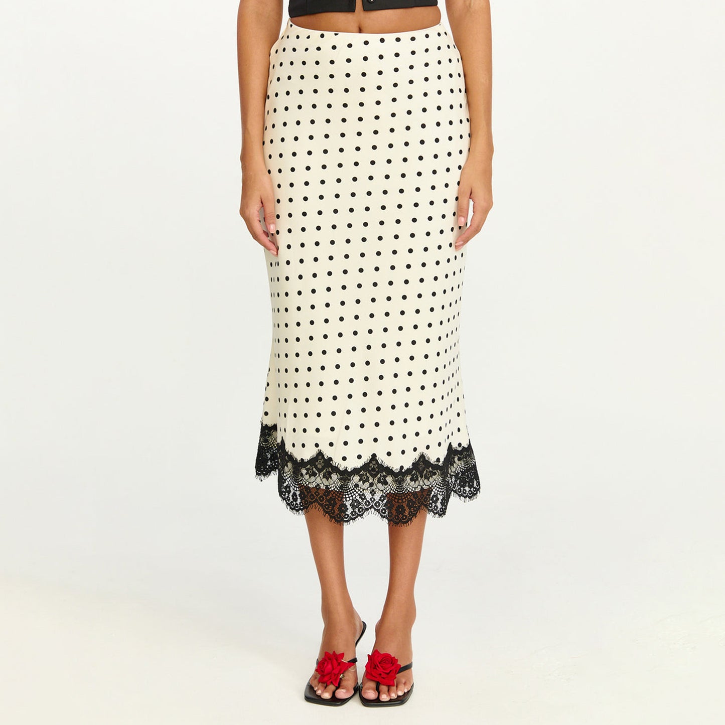 Lace Spliced Polka Dot Midi Skirt