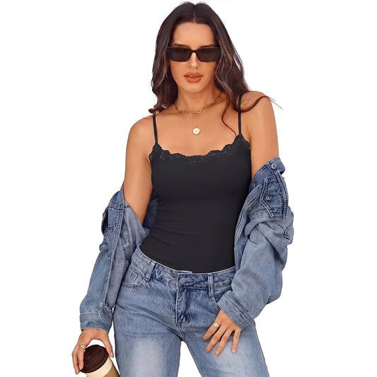 Women's Built in Bra Lace Tank Tops Double Lined Summer Cami Shirt