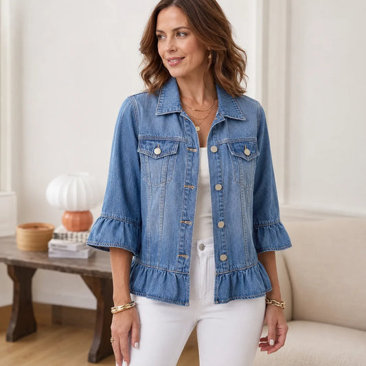 Women's Flutter-Sleeve Cropped Denim Jacket