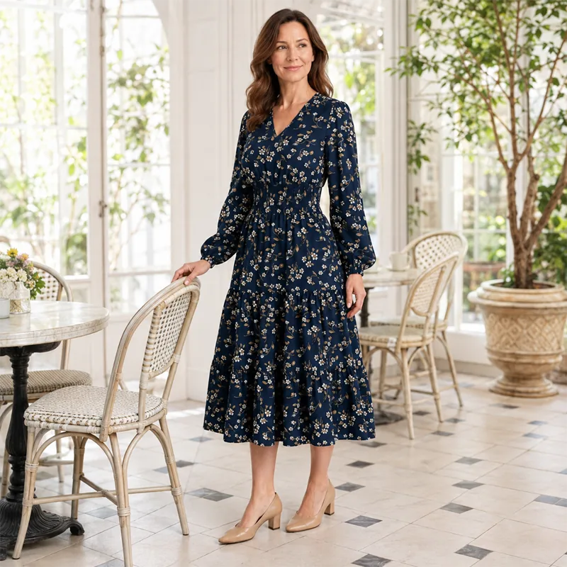 Women’s Floral V-Neck Long-Sleeve Maxi Dress