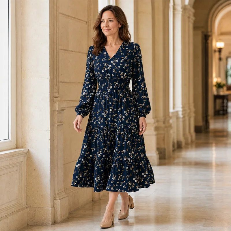 Women’s Floral V-Neck Long-Sleeve Maxi Dress