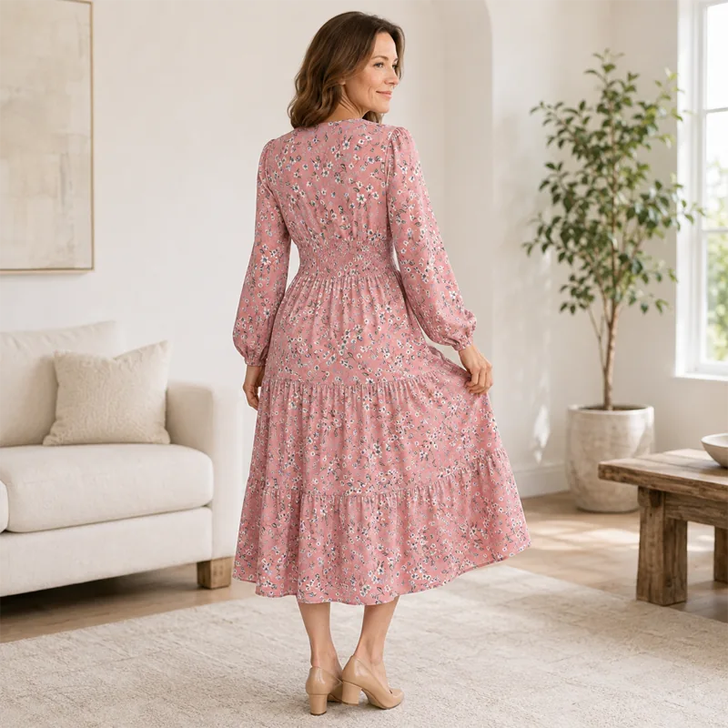 Women’s Floral V-Neck Long-Sleeve Maxi Dress