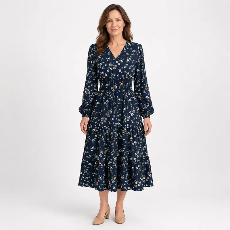 Women’s Floral V-Neck Long-Sleeve Maxi Dress