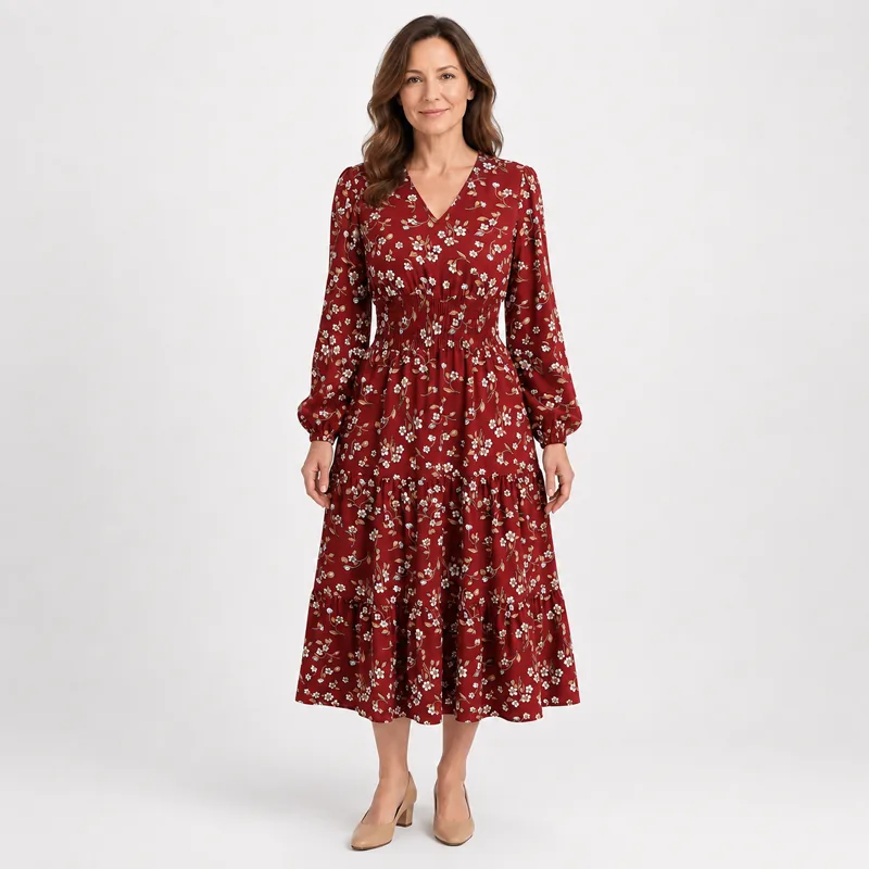 Women’s Floral V-Neck Long-Sleeve Maxi Dress