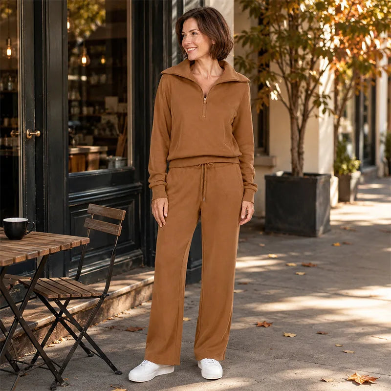 Women’s Half-Zip Lounge Set with Wide-Leg Pants