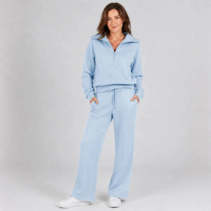 Women’s Half-Zip Lounge Set with Wide-Leg Pants