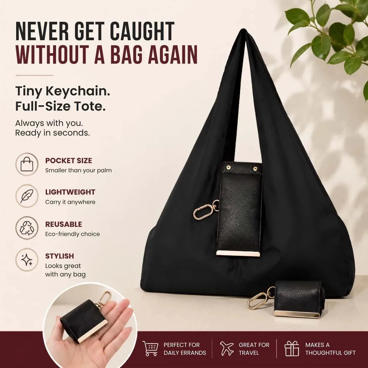 Foldable Keychain Shopping Tote Bag with Metal Clip – product image 2