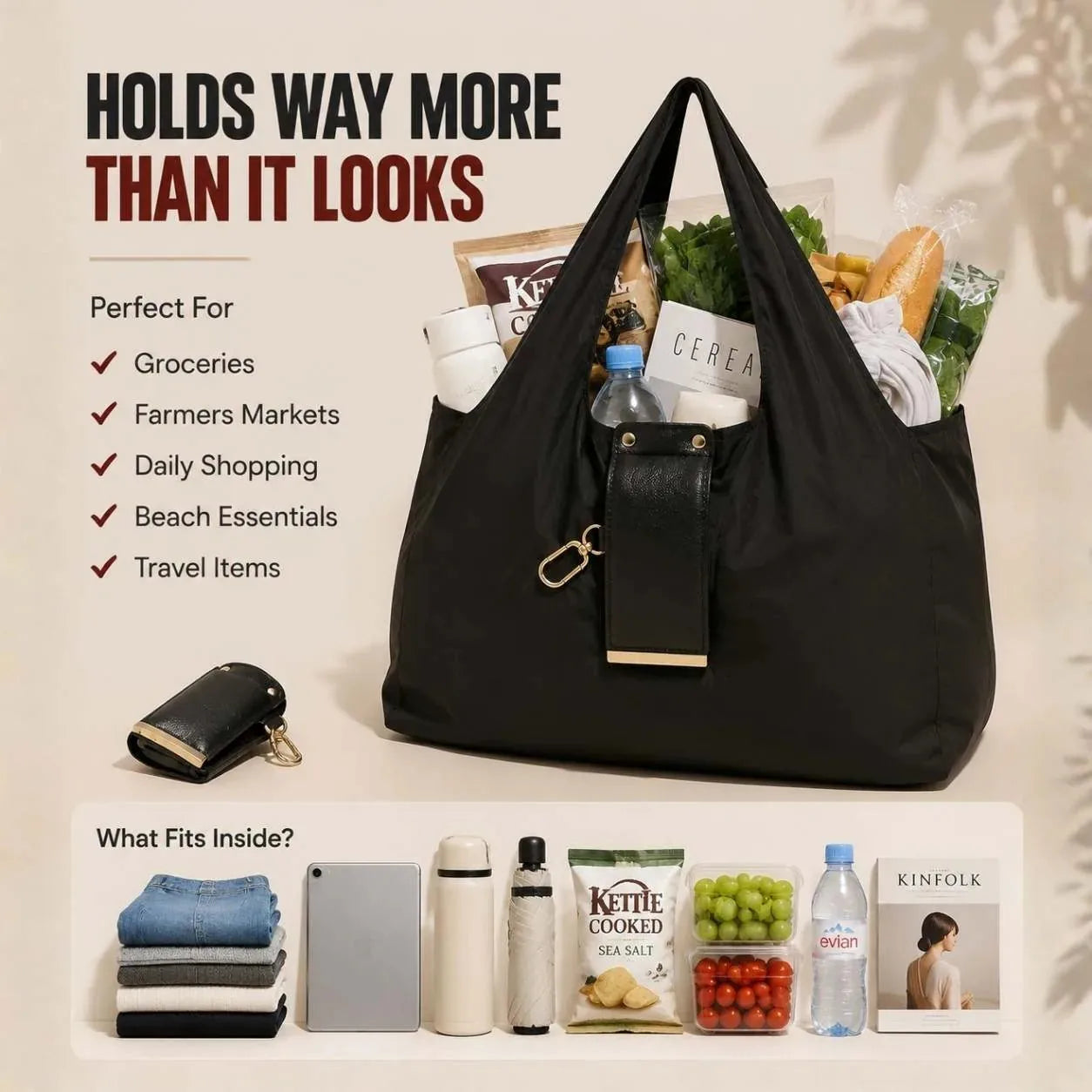 Foldable Keychain Shopping Tote Bag with Metal Clip – product image 5