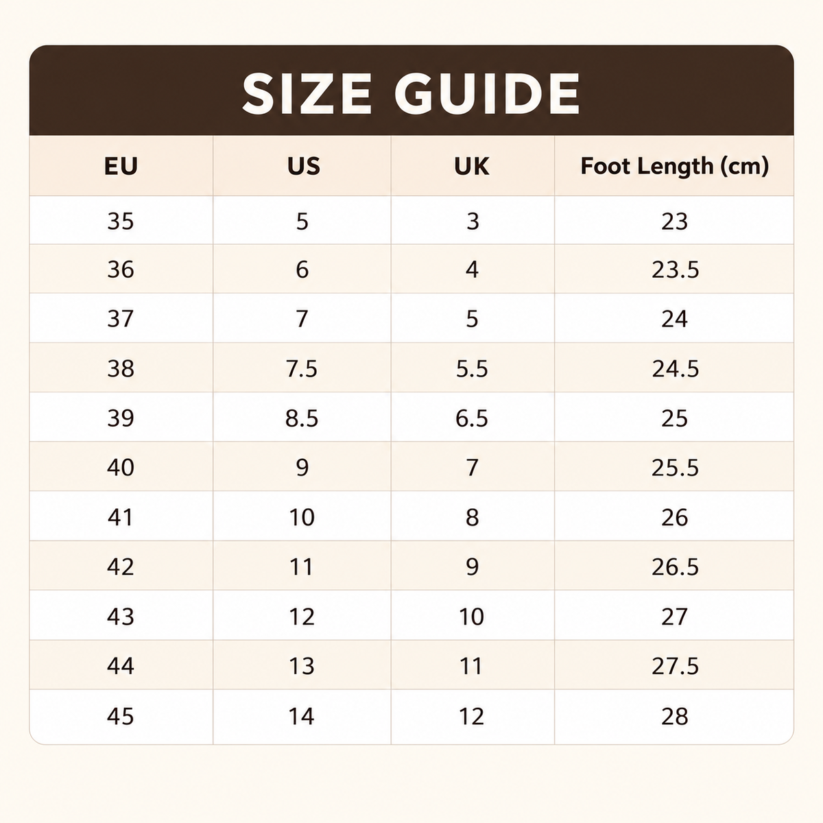 Women’s shoe size guide with EU, US, UK and foot length conversions