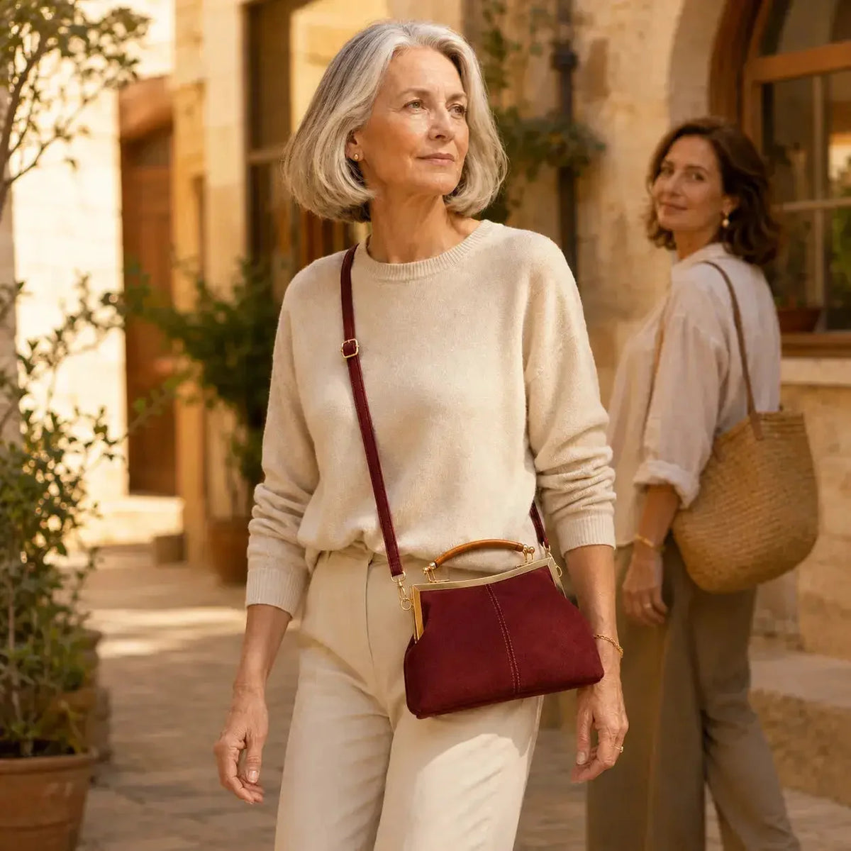 Suede-Look Frame Handbag with Top Handle and Shoulder Strap — reference detail