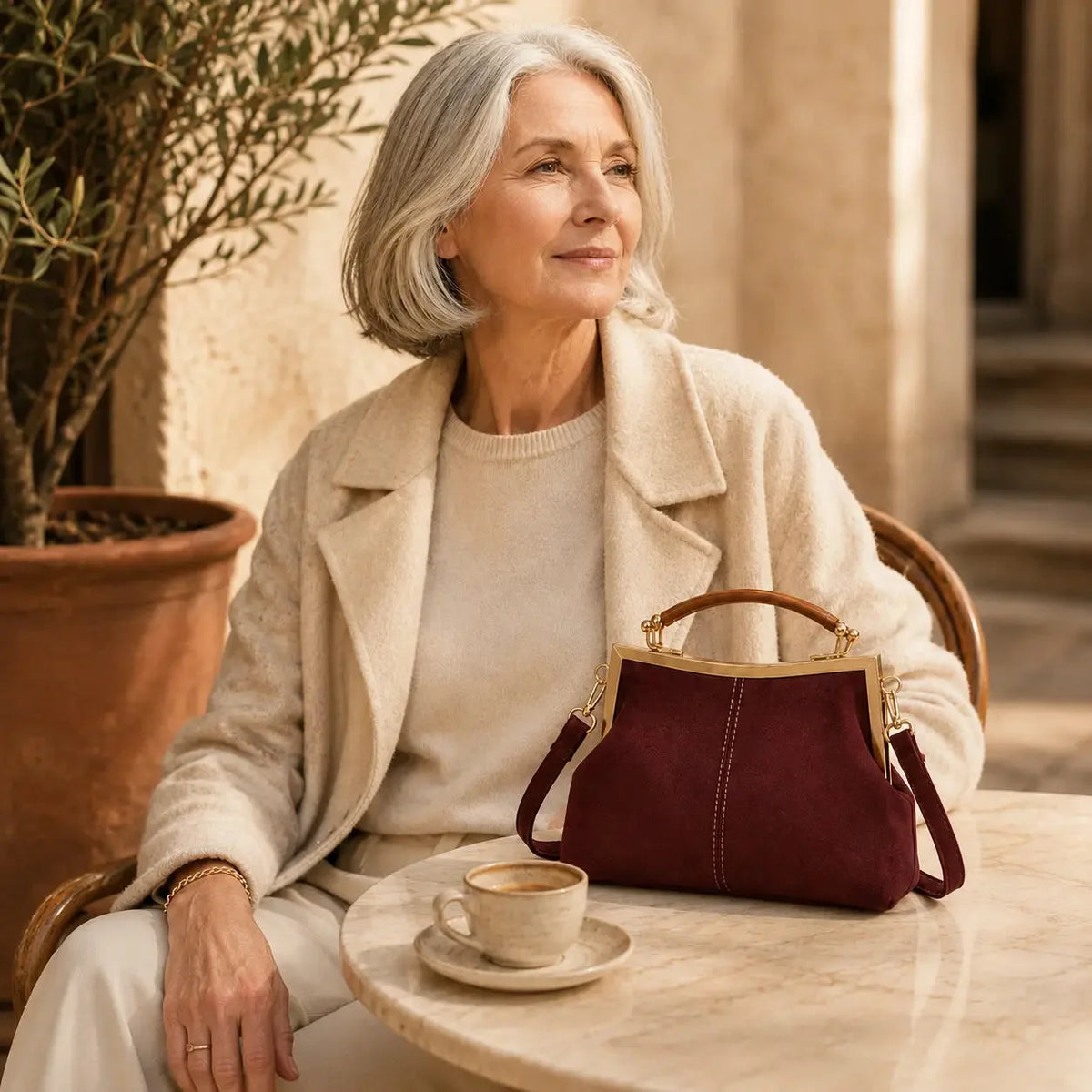Suede-Look Frame Handbag with Top Handle and Shoulder Strap — reference detail