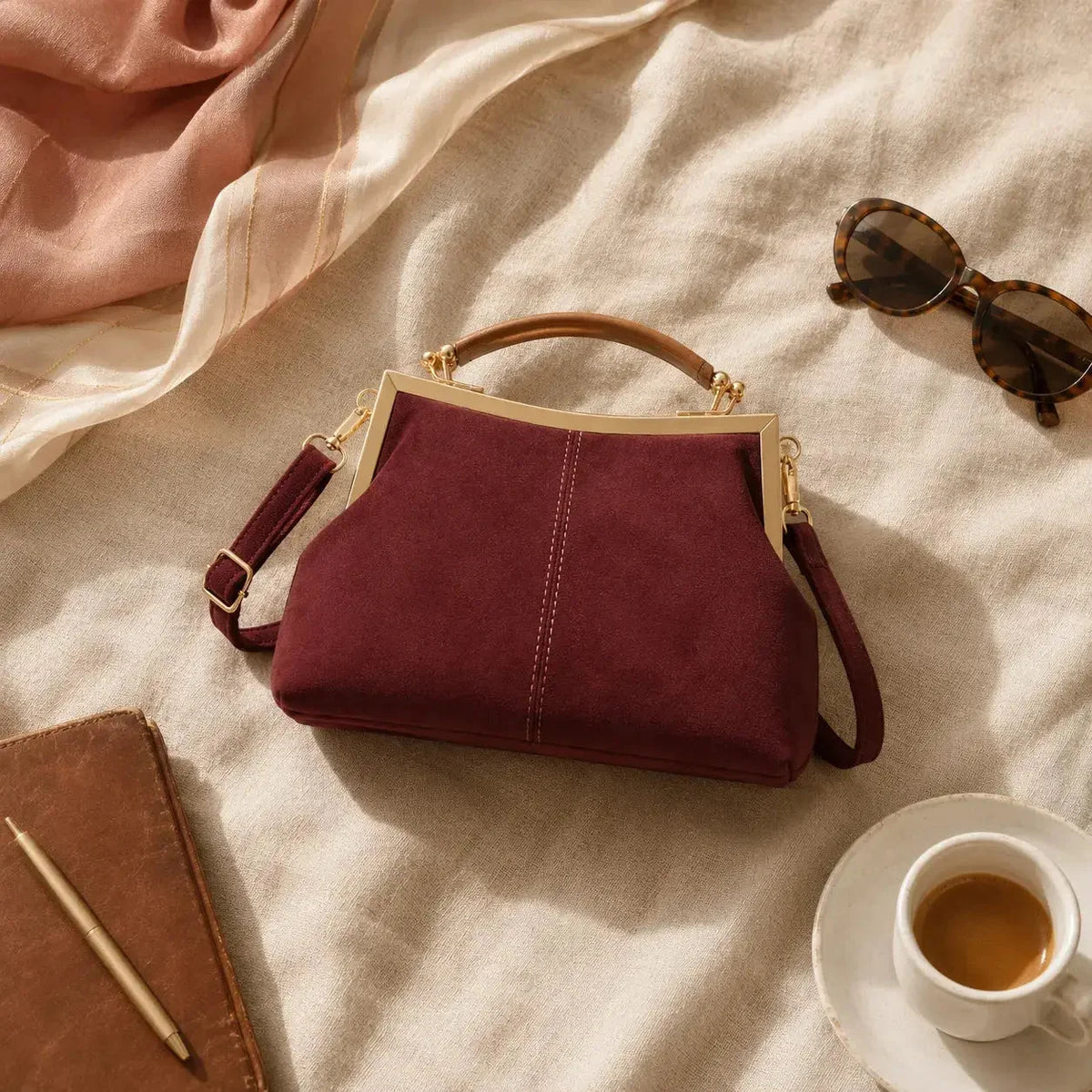 Suede-Look Frame Handbag with Top Handle and Shoulder Strap — reference detail