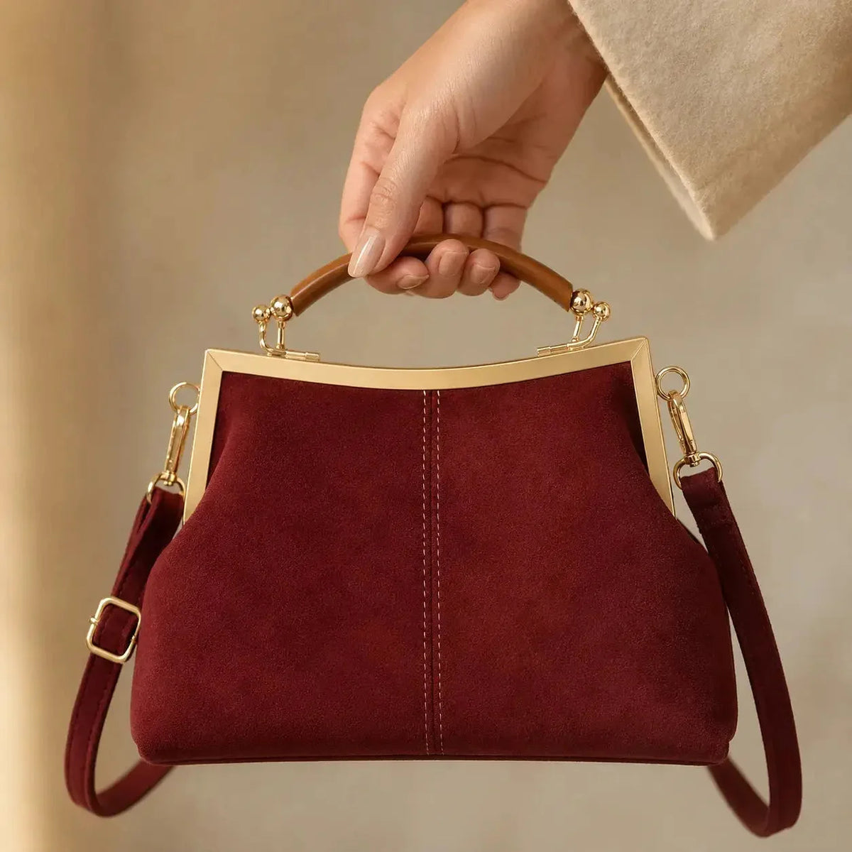 Suede-Look Frame Handbag with Top Handle and Shoulder Strap — reference detail
