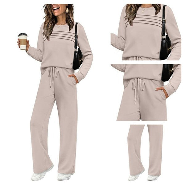 Women's Crew Neck Lounge Set - Soft Cotton Top & Drawstring Pants