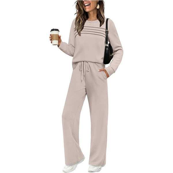 Women's Crew Neck Lounge Set - Soft Cotton Top & Drawstring Pants