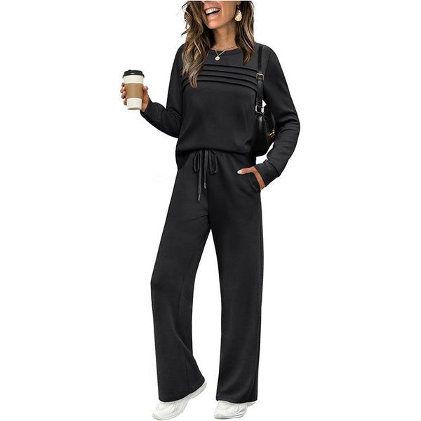 Women's Crew Neck Lounge Set - Soft Cotton Top & Drawstring Pants